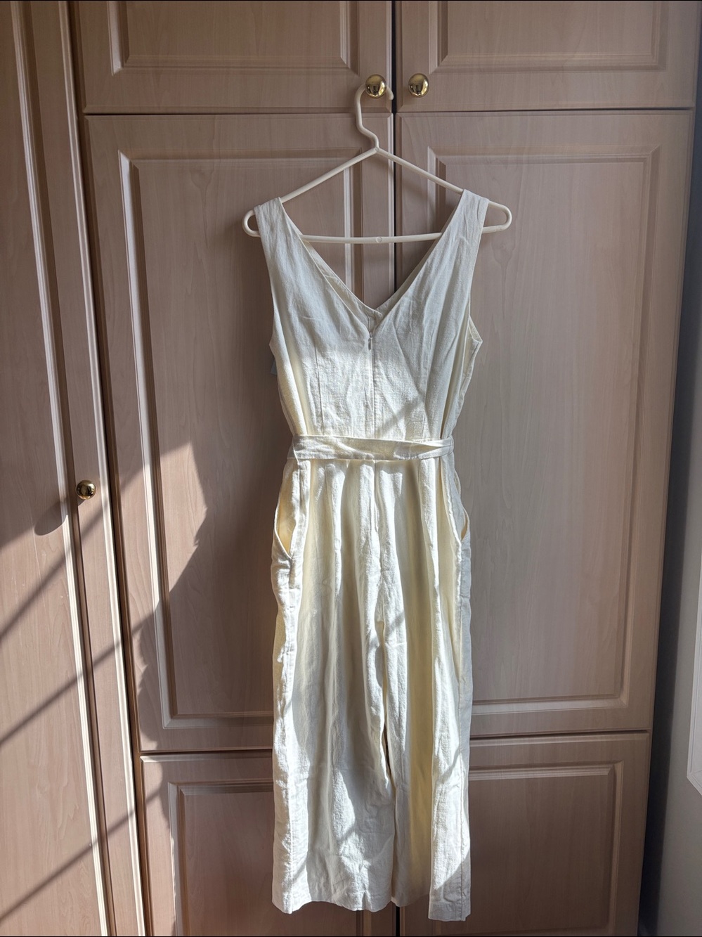 LOFT Cream Button-Front Linen Midi WIDE LEG JUMPSUIT Waist Tie NWT - Picture 6 of 9